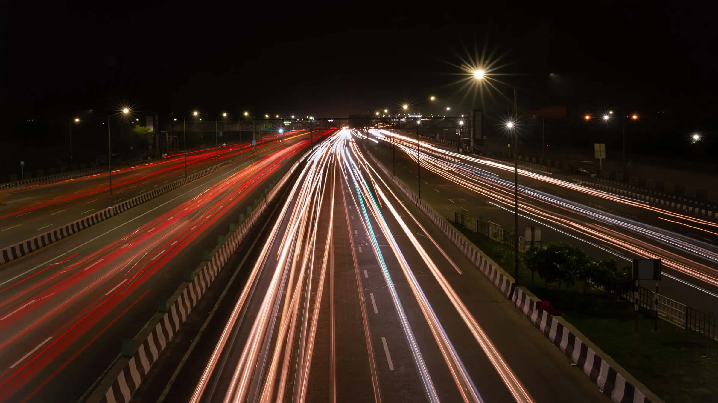 Light trails on a multi-lane expressway at night