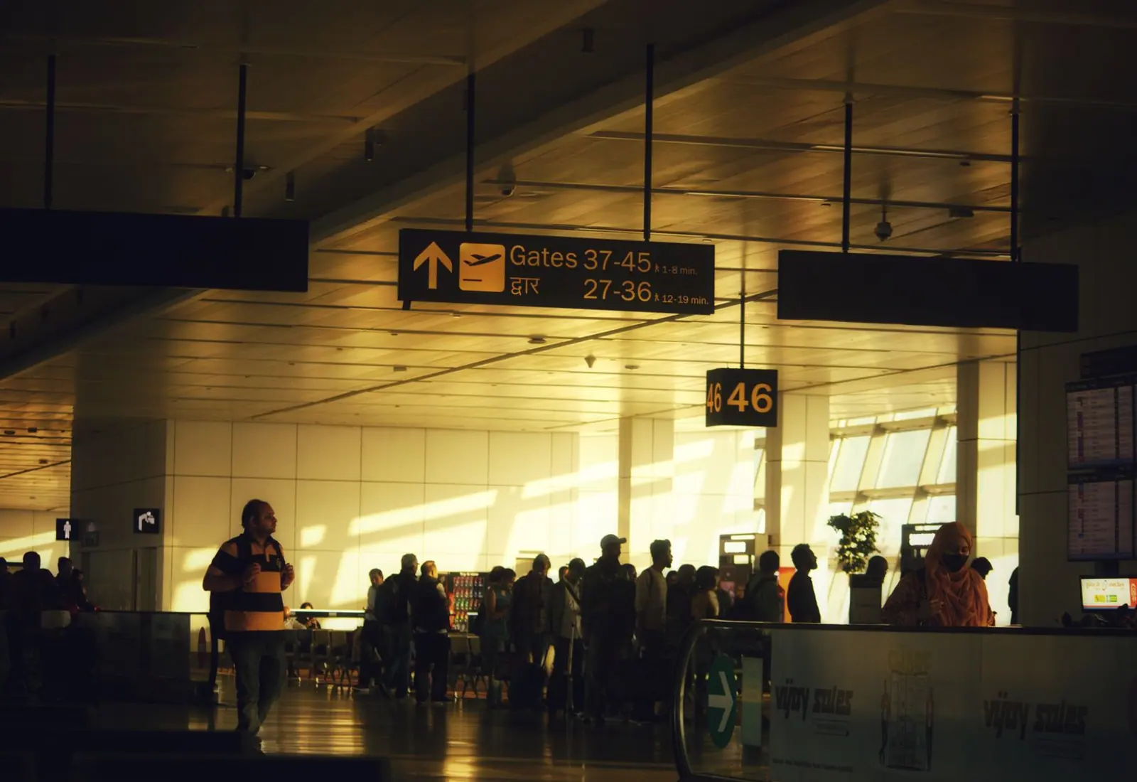 Departure gates at Delhi airport late in the evening